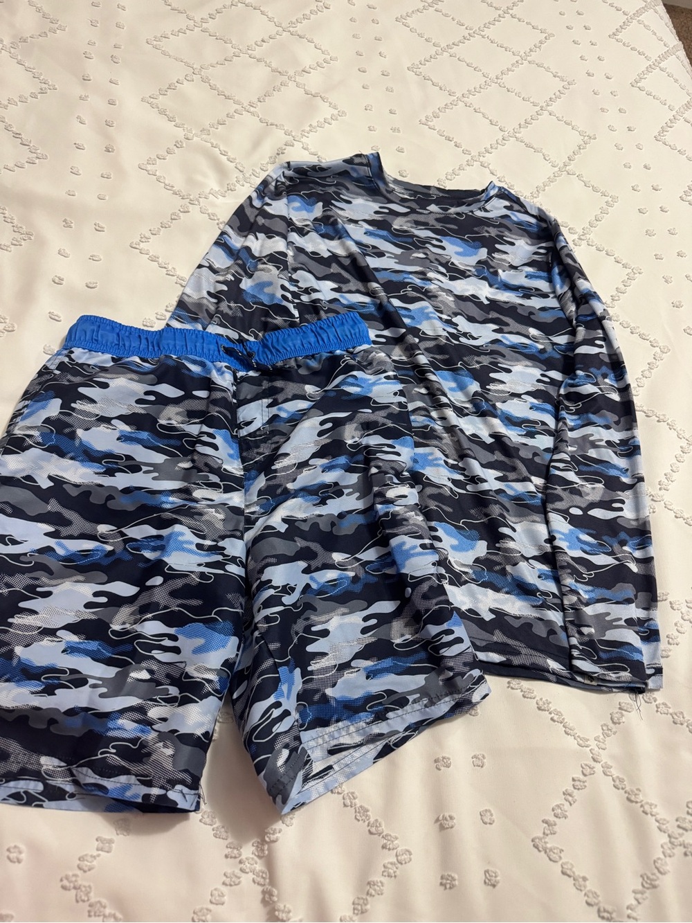 Kids Blue Camo Long Sleeve Top & Shorts swimwear set